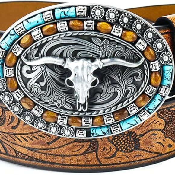 Women Western Cowgirl Belt Bull Turquoise Embossed Buckle for 31\